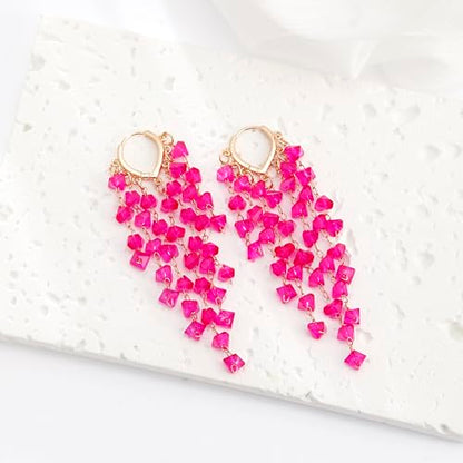 Fringe Hoop Dangle Earrings, Long Beads Tassel Chain Earrings for Women Sparkly Chandelier Earrings - color: Hot Pink