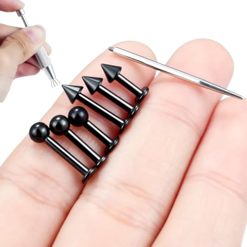 Internally Threaded Labret Studs 18G 16G 14G Surgical Steel Lip Piercing Jewelry with Claw Tool Monroe Snake Bite Jewelry Flat Back Barbell for Women Men Plus Piercing Ball Grabber Tool - color: black, size: 14g,ball+spike end
