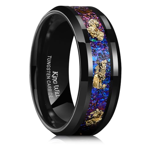King Will Mens Wedding Band with Foils Inlay, Black/Silver/Gold Beveled Edge Glowstone Ring, 6mm/8mm Tungsten Carbide Rings Comfort Fit - color: Purple&Gold