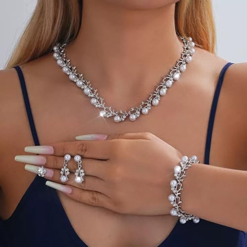 Bridal and Bridesmaid Pearl and Rhinestone Jewelry Set Crystal Necklace, Bracelet And Earrings Collection, Bohemian Adjustable Beaded Crystal for Women - style: Silver vine