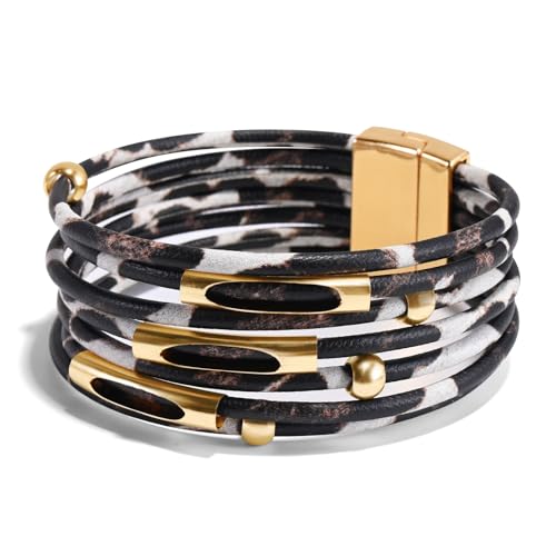 Wrapped Bracelets for Women,Leather Boho Bracelets for Women - color: Leopardprint-White