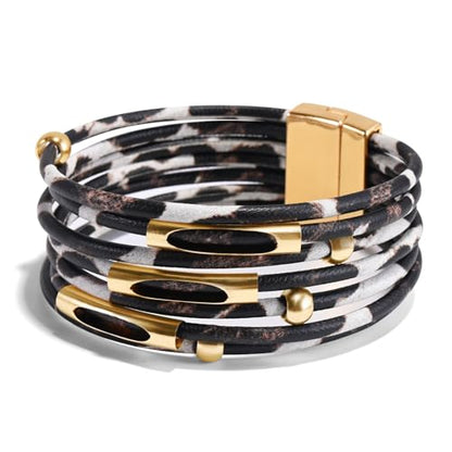 Wrapped Bracelets for Women,Leather Boho Bracelets for Women - color: Leopardprint-White
