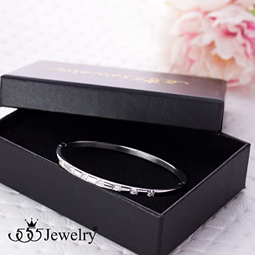 555Jewelry Stainless Steel Thin CZ Cuff Hinged Bangle Bracelet for Women - color: Silver