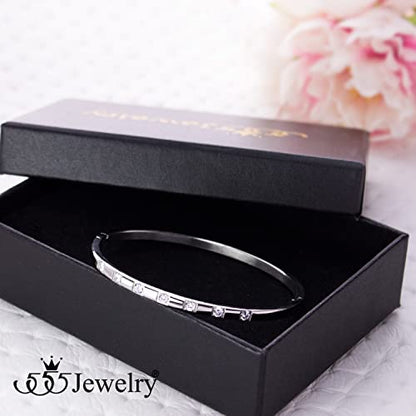 555Jewelry Stainless Steel Thin CZ Cuff Hinged Bangle Bracelet for Women - color: Silver