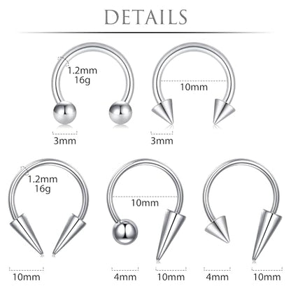 Zolure 16g Lip Rings Horseshoe Labret Jewelry Lip Barbell Ring Spike Snake Bite Piercing Jewelry Tragus Helix Earrings Studs Medusa Piercing for Women Men - color: 16G 8mm #3