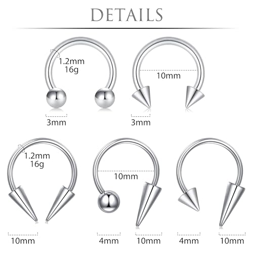Zolure 16g Lip Rings Horseshoe Labret Jewelry Lip Barbell Ring Spike Snake Bite Piercing Jewelry Tragus Helix Earrings Studs Medusa Piercing for Women Men - color: 16G 8mm #3