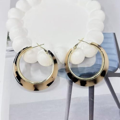Vintage Leopard Print Large Round Hoop Earrings for Women Sterling Silver Post Exaggerated Geometric Dangle Drop Statement Resin Circle Huggie Birthday Valentines Boho Fashion Jewelry Gifts for Her