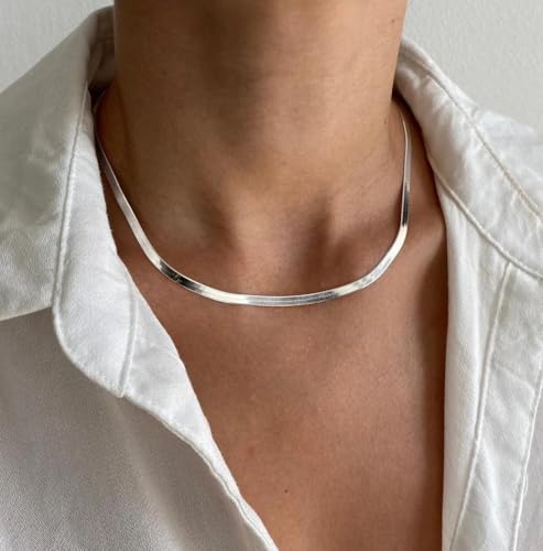 WomenGifts 14K Gold Silver Plated Herringbone Necklace for Women, Dainty Snake Chain Choker, Trendy Simple Long Layered Jewelry Non Tarnish, 3/4/5/8mm,14,16,18,20,22,24,26 Inch Thin & Chunky Options - color: Silver, style: 4mm-16inch