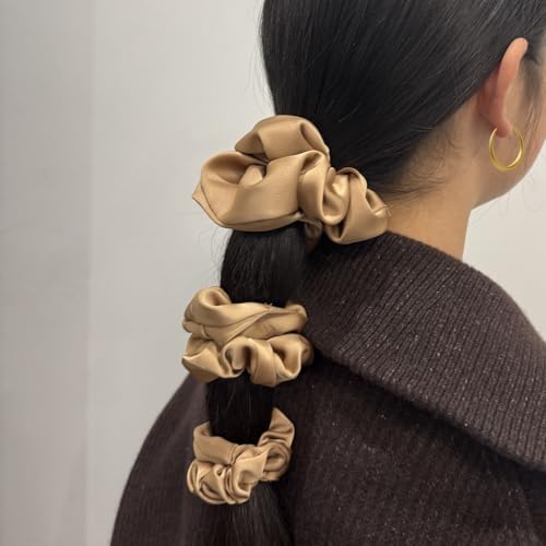3 Pieces Satin Scrunchies Set for Hair No Crease Elastic Hair Ties for Women and Girls (Light Brown) - color: Light Brown