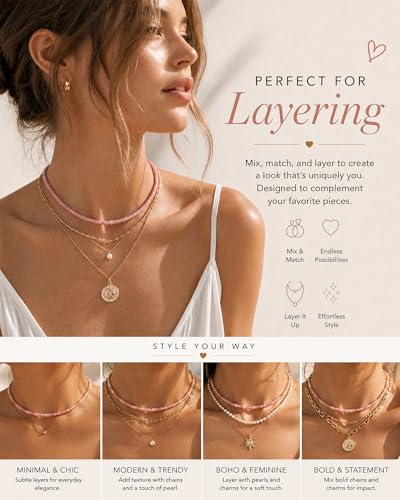 Natural Heishi Gemstone Choker Necklace for Women, Adjustable 15"+2" Beaded Layering Necklace, Coastal Beach Jewelry Gift for Her - color: Rose Quartz (Dark Color)