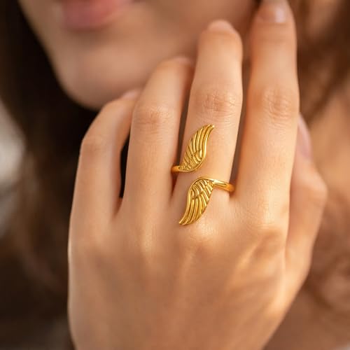AeraVida Gold-Plated Stainless Steel Feather Angel Wings Adjustable Ring Size 7-9, Minimalist Open Band Ring, Polished Fashion Jewelry, Symbolic Everyday Ring for Women