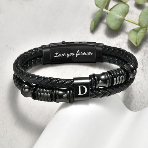 Initial Braided Leather Bracelets for Men - Double-Row Braided Mens Leather Bracelet Adjustable Wristband Initial Bracelet with Stainless Steel Clasp Unique Jewelry Gifts for Husband Dad Friend Son - color: Initial D