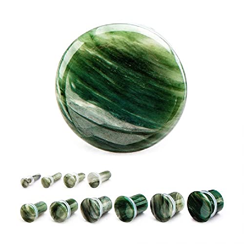 Pierced Owl - Green Lined Jasper Natural Stone Single Flared with Clear Silicone O-Ring Plugs, Sold as a Pair - style: 8mm (0GA)