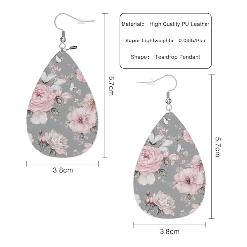 Pink Roses Woman Earrings, Watercolor Grey Blossom Rose Lightweight Leather Dangle Teardrop Earrings Jewelry For Ladies Friends - color: Pink Roses