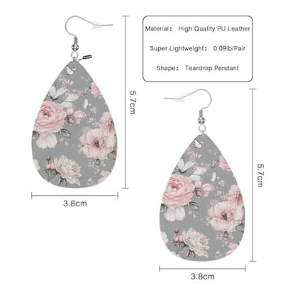 Pink Roses Woman Earrings, Watercolor Grey Blossom Rose Lightweight Leather Dangle Teardrop Earrings Jewelry For Ladies Friends - color: Pink Roses