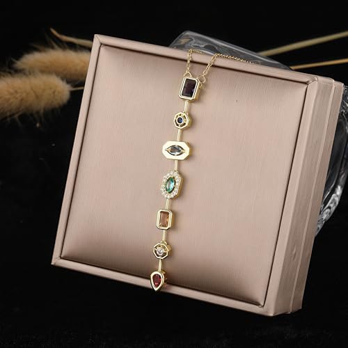 18K Gold Plated Seven Chakra Necklace for Women, Dainty Y Necklace Lariat Drop Pendant, Crystal Healing Yoga Jewelry Gifts - color: Gold