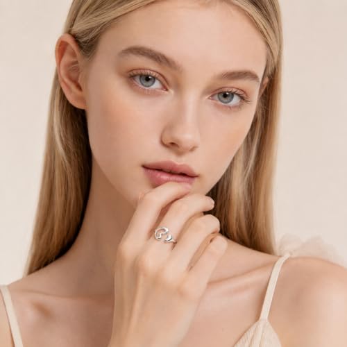 Silver Open Adjustable Stacking Rings for Women, Minimalist Wrap Band Set, Geometric/Heart/Wave/Leaf/Spiral Styles, Hypoallergenic, Gift Box Included, Thumb Ring Option - color: Hollow Heart Cutout