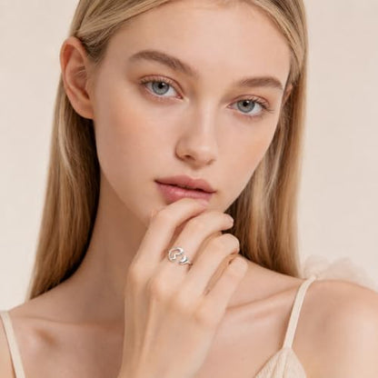 Silver Open Adjustable Stacking Rings for Women, Minimalist Wrap Band Set, Geometric/Heart/Wave/Leaf/Spiral Styles, Hypoallergenic, Gift Box Included, Thumb Ring Option - color: Hollow Heart Cutout