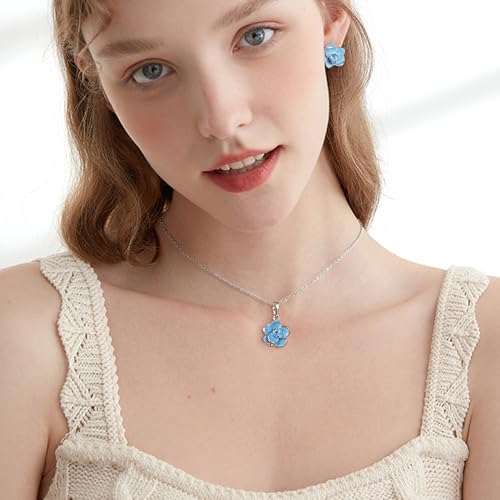 EleQueen Rose Flower Necklace Earrings Bracelet Set for Women - color: Light Blue-Silver-Tone