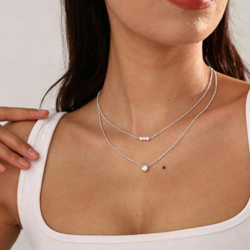 Pearl Necklace for Women, Dainty Pearls Choker Necklace for Women 14K Gold Plated Layered Pendant Necklace Handmade Gold Chain Necklace Everyday Jewelry Gift - color: Bar Three Pearls-Silver