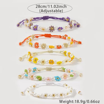 Daisy Pearl Flower Beaded Bracelets for Women, Colorful Floral Adjustable Rope Gold Seed Beads Stackable Boho Pearl Braided Flower Bracelet Stack Summer Jewelry Trendy Cute Friendship Gifts