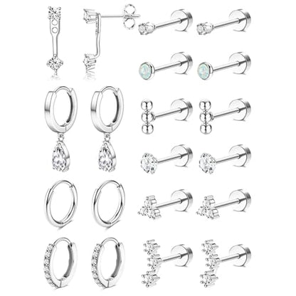 Stainless Steel Stud Earrings Set for Women Hypoallergenic Flat Back Cartilage Earrings Screw Back Huggie Hoop Earrings Multiple Piercing Cubic Zirconia Helix Tragus Jewelry - color: Set-F-Silver