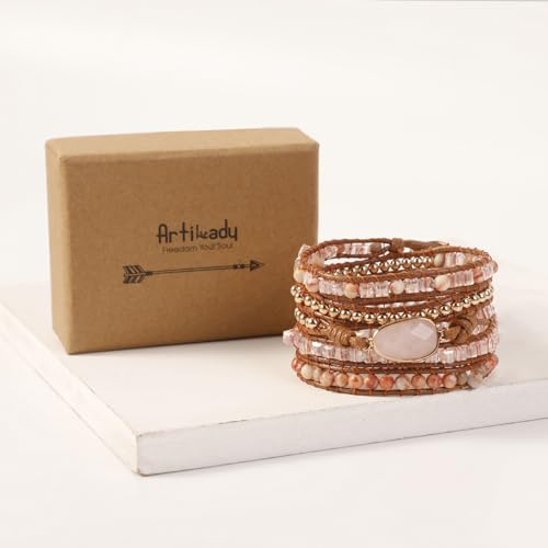 Artilady Leather Wrap Bracelet for Women, Pearl Beaded Bangle Stack Jewelry | Easy on-off, Elegant Handmade Multi-Layered, Daily Casual Date Beach Vacation, Gift for Ladies, Mother, Sister & Friend - style: Pink stone