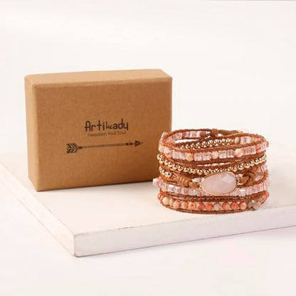 Artilady Leather Wrap Bracelet for Women, Pearl Beaded Bangle Stack Jewelry | Easy on-off, Elegant Handmade Multi-Layered, Daily Casual Date Beach Vacation, Gift for Ladies, Mother, Sister & Friend - style: Pink stone