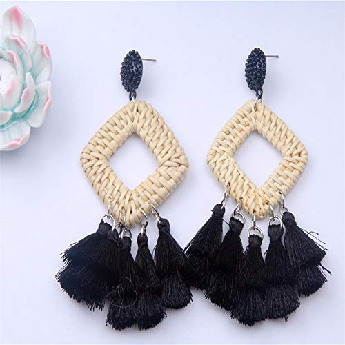 Bohemia Tassel Earrings Statement Handmade Dangle Ethnic Fringe Earrings Bamboo Weaving Geometric Square Sector Gifts for Women - color: C black