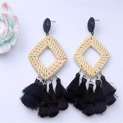 Bohemia Tassel Earrings Statement Handmade Dangle Ethnic Fringe Earrings Bamboo Weaving Geometric Square Sector Gifts for Women - color: C black