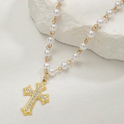 Pearl Necklace 14K Gold Plated Cross Pendant Inlaid with Diamonds Charm Jewelry Gift - style: 14K Gold Pearl+Cross