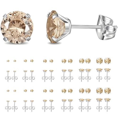 12 Pairs Stud Earrings Set, Hypoallergenic Surgical Stainless Steel 316L Earring for Women Men, Small Earring Studs Pack with Cubic Zirconia - color: Champagne-6 Sizes-3，4，5，6，7，8