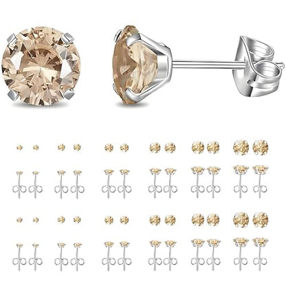 12 Pairs Stud Earrings Set, Hypoallergenic Surgical Stainless Steel 316L Earring for Women Men, Small Earring Studs Pack with Cubic Zirconia - color: Champagne-6 Sizes-3，4，5，6，7，8