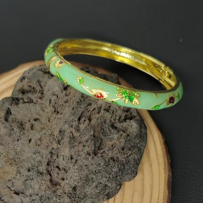 Cloisonne Bracelet For Women, Chunky Bangle Trendy Cute Flower Enamel Bangles Multi Tone Engraved Cuff Gold Plated Bracelets Stackable Wife Jewelry Friendship Gift - color: Light Green