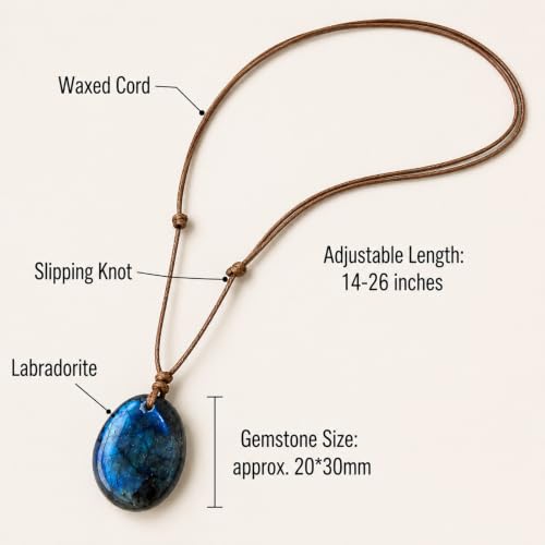 Labradorite Pendant Necklace, Natural Gemstone Jewelry | Natural labradorite, adjustable waxed cord, unisex style, daily wear