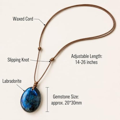 Labradorite Pendant Necklace, Natural Gemstone Jewelry | Natural labradorite, adjustable waxed cord, unisex style, daily wear
