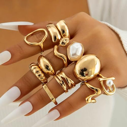 Gold Rings for Women Non Tarnish Stackable Rhinestone Moon Star Rings Dainty Stacking Pearl Butterfly Midi Pinky Thumb Joint Finger Knuckle Ring Set Gold Non Tarnish Jewelry Gifts Trendy Stuff - color: S Chunky Gold Rings 11Pcs