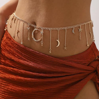Moon Star Waist Chain for Women Gold/Silver Plated Metal Tassel Waist Chain Women Adjustable Bohemia Body Link Belts Body Belly Jewelry for Jeans Dresses - color: Gold