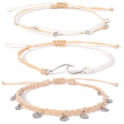 Waterproof String Anklets Cute Beaded Ankle Bracelets Beach Wave Anklet Stainless Steel Coin Boho Ankle Jewelry for Women - color: Wheat