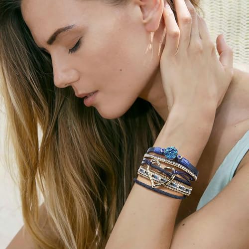Suyi Multilayer Leather Wrap Bracelet Heart-Shape Wide Bracelets for Women - color: Blue