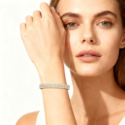 Gold Tennis Bracelets for Women 3-Row Rhinestone Stackable Bangle Bling Zirconia Crystal Silver Chain Dainty Cuff Flexible Fashion Jewelry for Wife Anniversary Mom Her Birthday Gifts - color: Gold