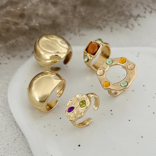 5Pcs Chunky Gold Rings for Women,Stackable Large Dome Knuckle Rings,Thick Gold Crystal Finger Rings Set Trendy Jewelry - color: Golden