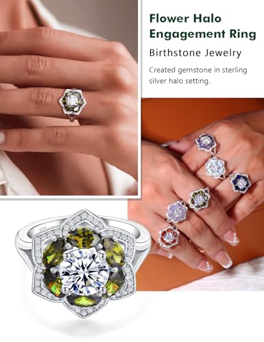 Flower Engagement Promise Ring Sterling Silver Birthstone Rings for Women Sapphire/Emerald/Ruby Gemstone Six Leaf Clover Statement Cocktail Ring Size 6 to 10 - style: 08. August-Created Peridot