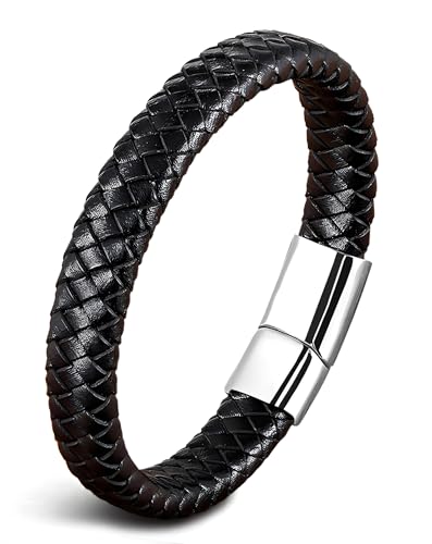 Leather Bracelet for Men, Braided Mens Cuff Bracelets with Stainless Steel Clasp Stacked Multi Style Color Anniversary Father's Day Birthday Christmas Jewelry Gifts for Him - color: Silver Clasp & Black Leather