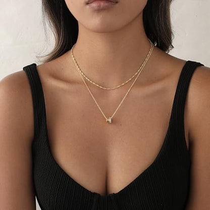 Gold Necklace For Women, Layered 14K Real Gold Plated Necklaces For Women,Dainty Gold Paperclip Chain Tear Circle CZ Pendant Necklace Stack,Trendy Gold Jewelry Set Gifts - style: Layered Twist Rondelle Pendant-Gold