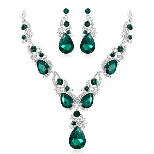 Women's Wedding Bridal Crystal Multi Teardrop Cluster Statement Necklace Dangle Earrings Set - color: 04-Emerald Color Silver-Tone