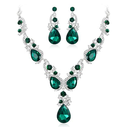 Women's Wedding Bridal Crystal Multi Teardrop Cluster Statement Necklace Dangle Earrings Set - color: 04-Emerald Color Silver-Tone