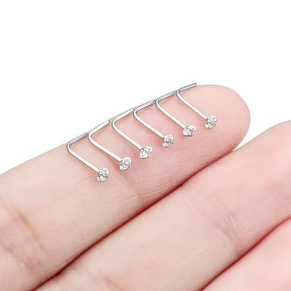 6Pcs Nose Rings Studs Surgical Steel L-Shape Nose Rings for Women 1.5mm Cubic Zirconia Nostril Screw Studs Hypoallergenic Nostril Piercings 24g 22g 20g - color: L-shape,silvertone, size: 22g,1.5mm CZ