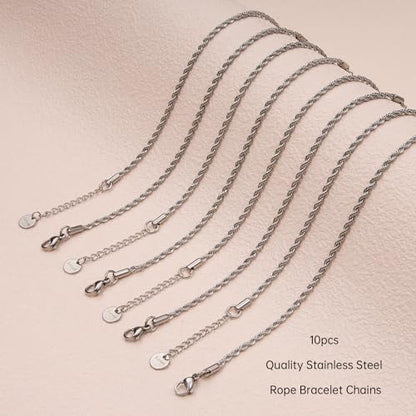 UMAOKANG 10 Pack Stainless Steel Rope Chain Bracelets for Jewelry Making | Adjustable Silver Hand Chains Bracelet Bulk Permanent Jewelry Supplies - color: 10pcs Rope Steel