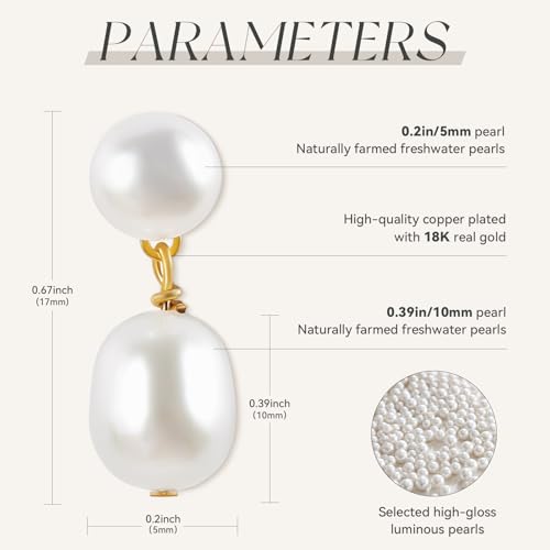 Petite Pearl Drop Earrings for Women - Real Freshwater Cultured Pearls Collection, S925 Sterling Silver Hypoallergenic Posts, 18K Gold Plated Dainty Jewelry - color: White